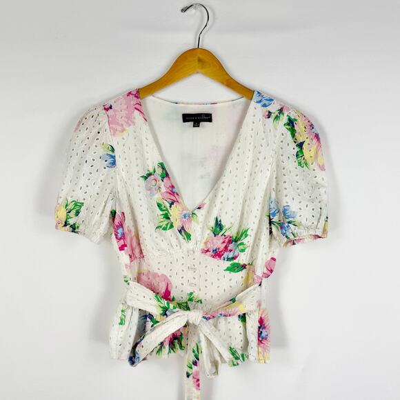 Slate & Willow Women's Floral Tie Peplum Top Small White Multicolored - Picture 2 of 16